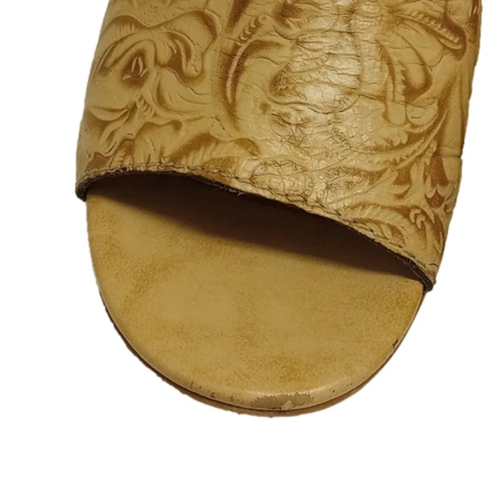 PATRICIA NASH TAN LEATHER OPEN TOE MULE HEEL SHOES WITH TOOLED FLORAL DE… - Picture 5 of 15